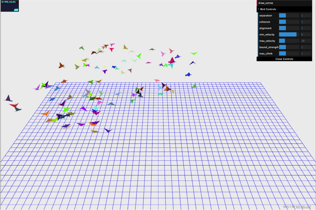 Demonstration of flocking behavior in a WebGL window.